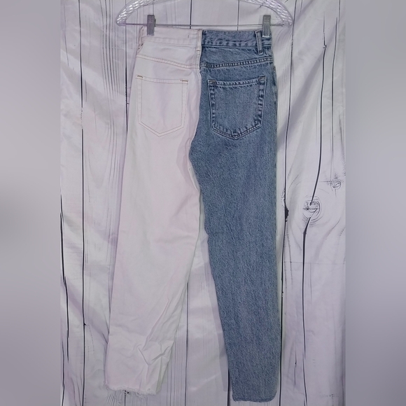 PacSun Eco White Two-Tone Split Leg High Rise Button Fly Straight Leg Jeans - Picture 2 of 9